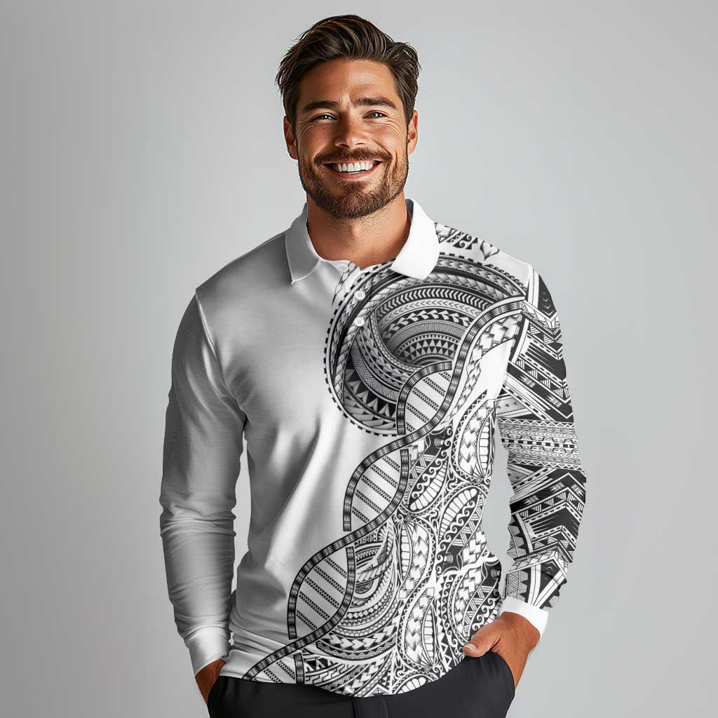 Samoan DNA Art Tattoo Long Sleeve Polo Shirt Polynesian Pattern White Color LT03 - Polynesian Pride