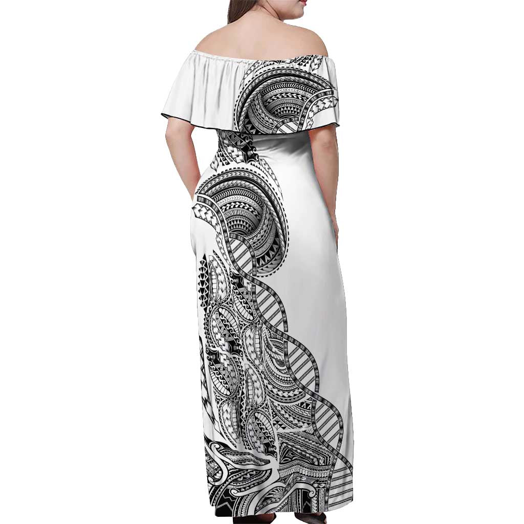 Samoan DNA Art Tattoo Off Shoulder Maxi Dress Polynesian Pattern White Color LT03 - Polynesian Pride
