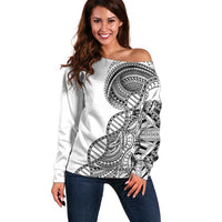 Samoan DNA Art Tattoo Off Shoulder Sweater Polynesian Pattern White Color LT03 Women White - Polynesian Pride