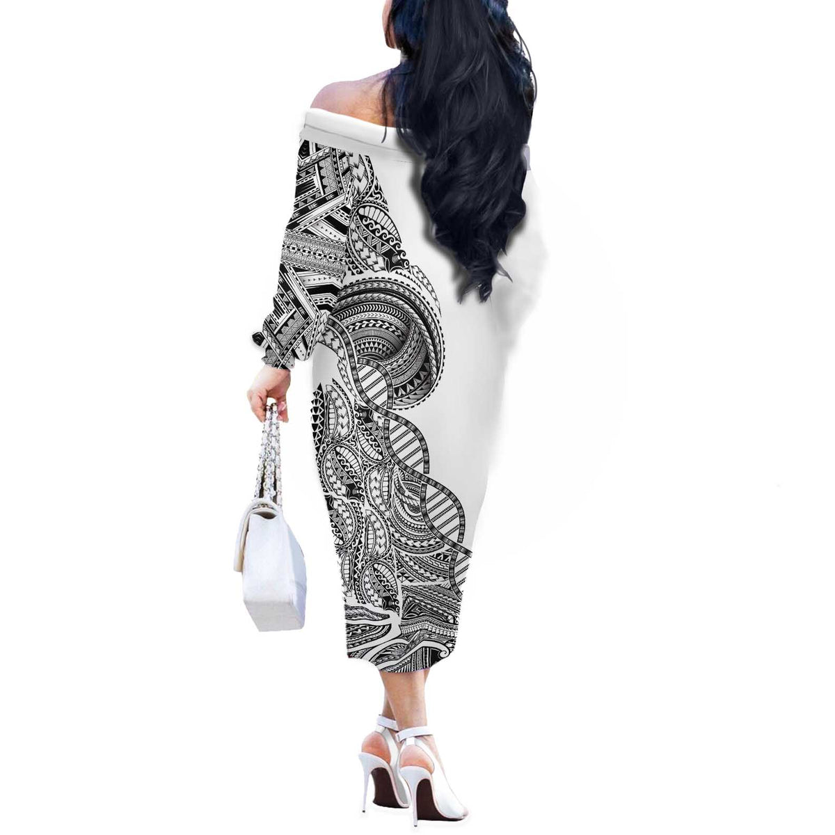 Samoan DNA Art Tattoo Off The Shoulder Long Sleeve Dress Polynesian Pattern White Color LT03 - Polynesian Pride