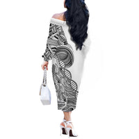 Samoan DNA Art Tattoo Off The Shoulder Long Sleeve Dress Polynesian Pattern White Color LT03 - Polynesian Pride