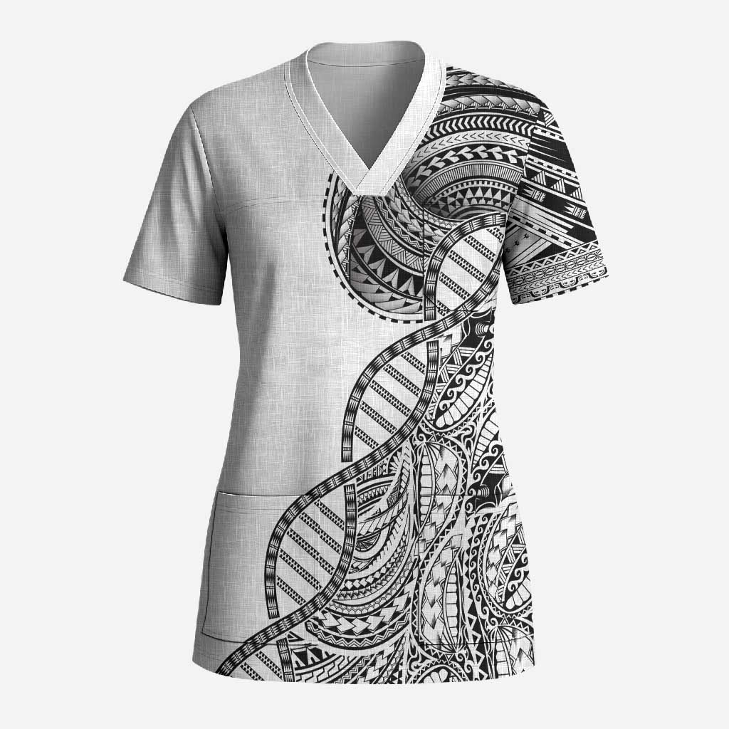 Samoan DNA Art Tattoo Scrub Top Polynesian Pattern White Color LT03 Adult White - Polynesian Pride