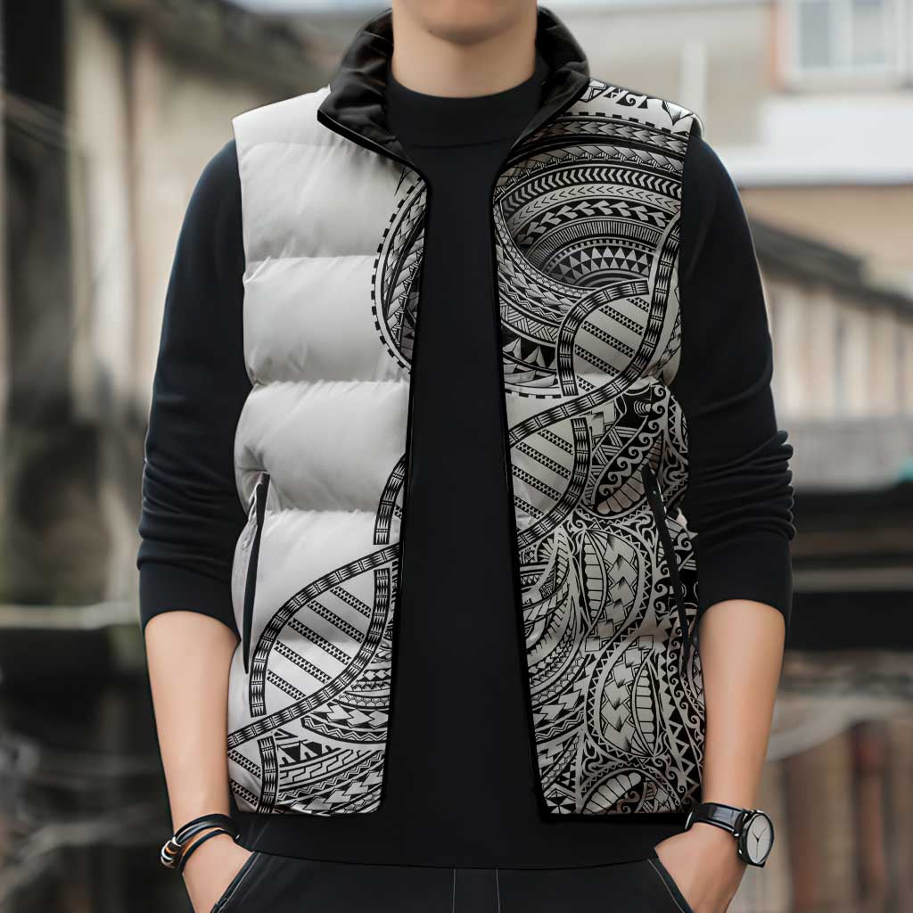 Samoan DNA Art Tattoo Sleeveless Puffer Jacket Polynesian Pattern White Color LT03 - Polynesian Pride