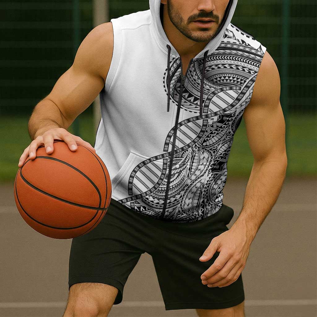 Samoan DNA Art Tattoo Sleeveless Zip Hoodie Polynesian Pattern White Color LT03 - Polynesian Pride