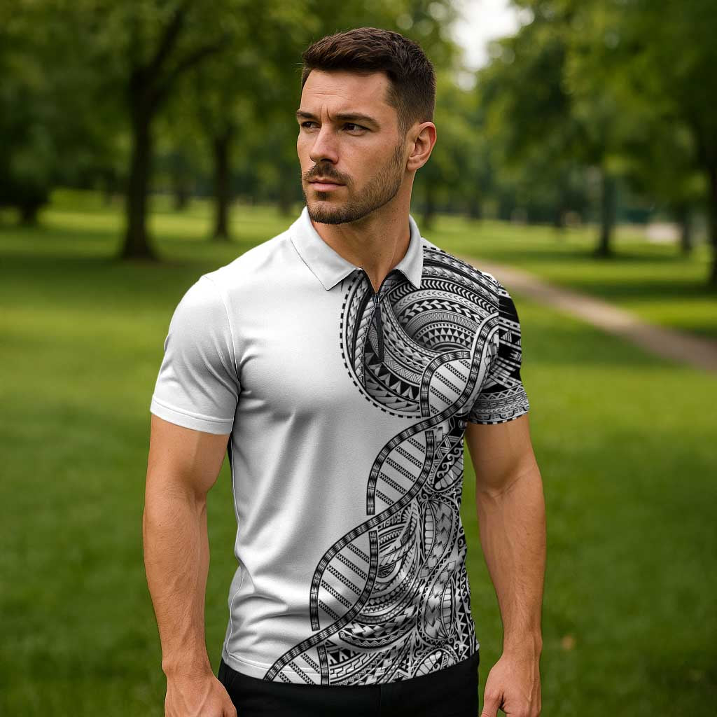 Samoan DNA Art Tattoo Zipper Polo Shirt Polynesian Pattern White Color LT03 - Polynesian Pride