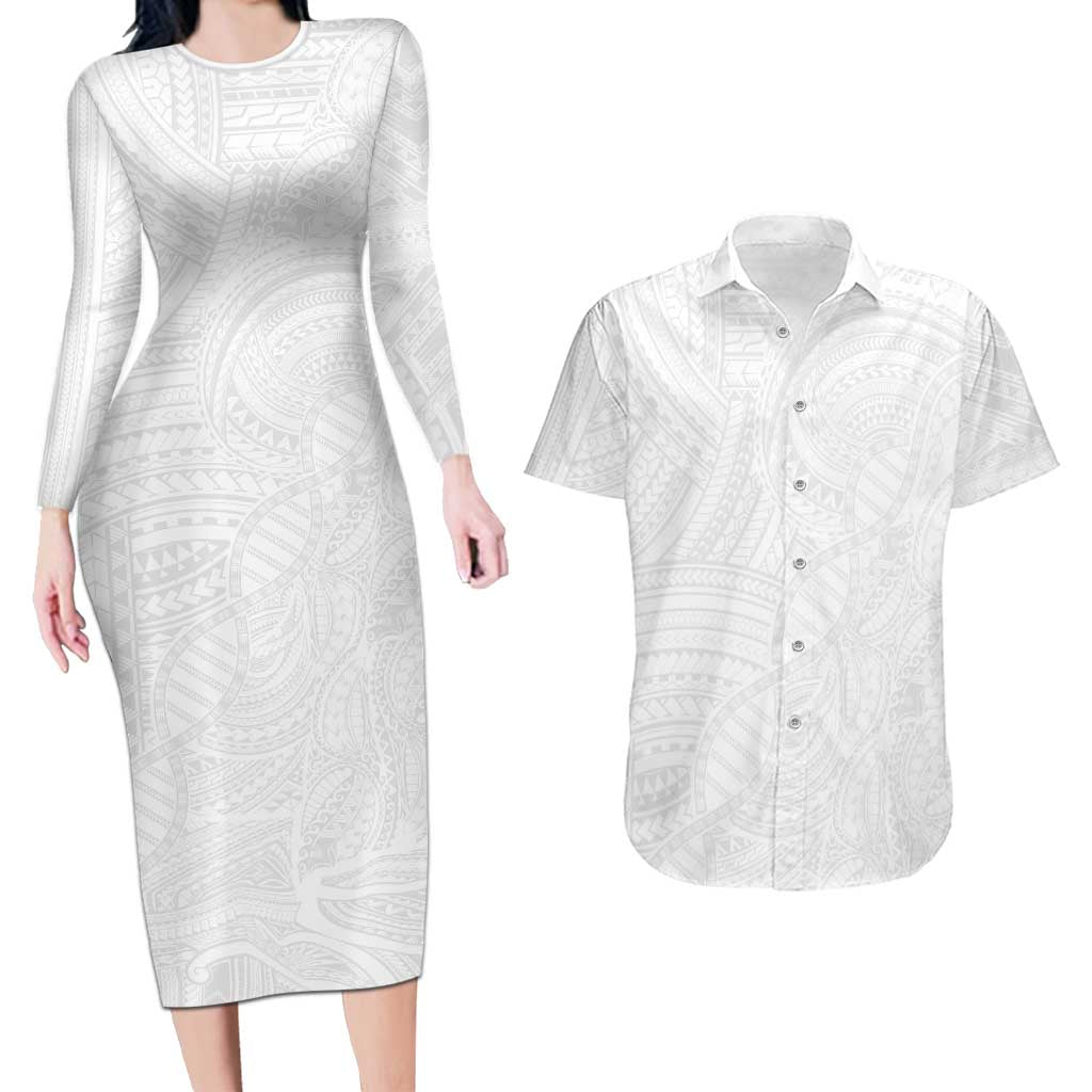 Samoan DNA Art Tattoo Couples Matching Long Sleeve Bodycon Dress and Hawaiian Shirt Polynesian Pattern All White LT03 White - Polynesian Pride
