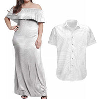 Samoan DNA Art Tattoo Couples Matching Off Shoulder Maxi Dress and Hawaiian Shirt Polynesian Pattern All White LT03 White - Polynesian Pride