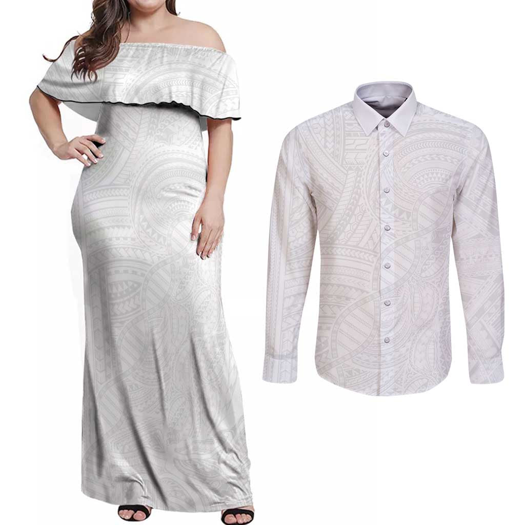 Samoan DNA Art Tattoo Couples Matching Off Shoulder Maxi Dress and Long Sleeve Button Shirt Polynesian Pattern All White LT03 White - Polynesian Pride