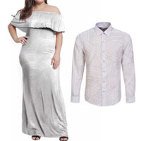 Samoan DNA Art Tattoo Couples Matching Off Shoulder Maxi Dress and Long Sleeve Button Shirt Polynesian Pattern All White LT03 White - Polynesian Pride