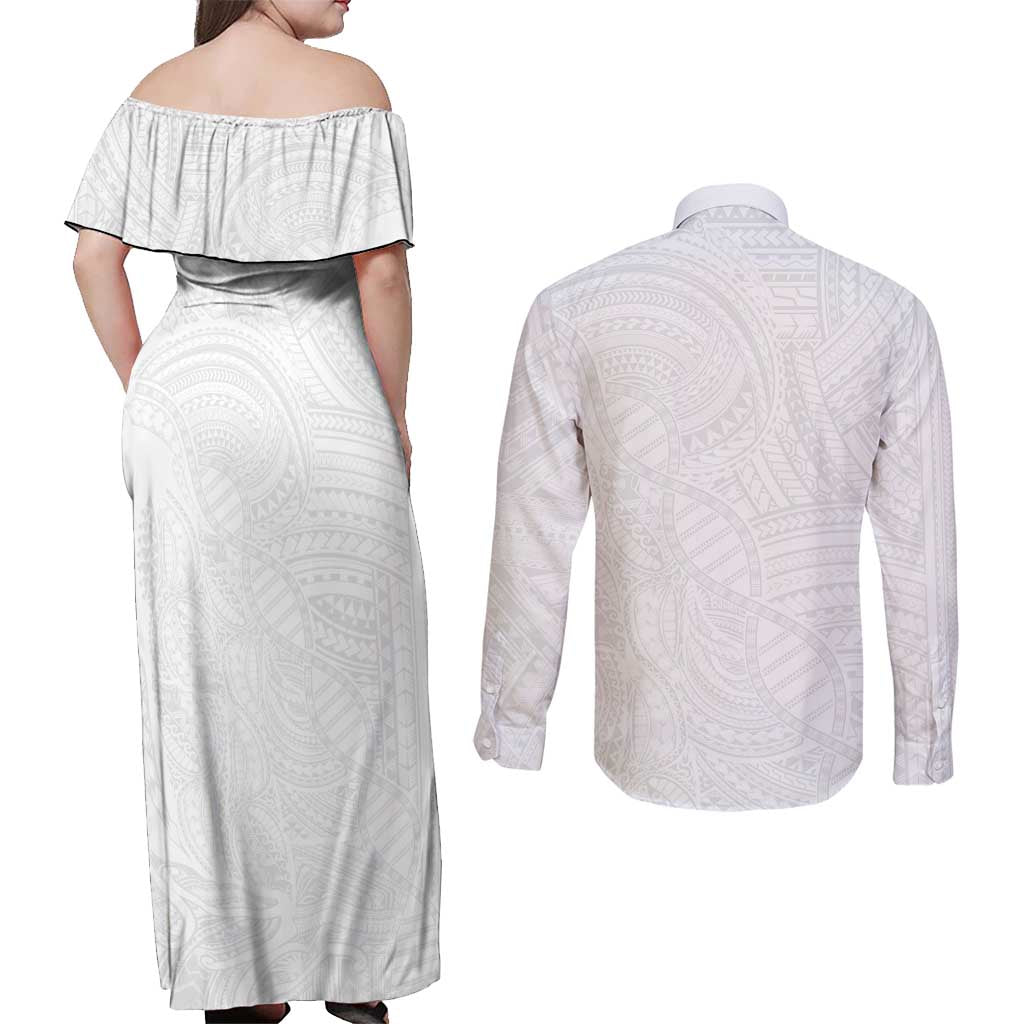 Samoan DNA Art Tattoo Couples Matching Off Shoulder Maxi Dress and Long Sleeve Button Shirt Polynesian Pattern All White LT03 - Polynesian Pride
