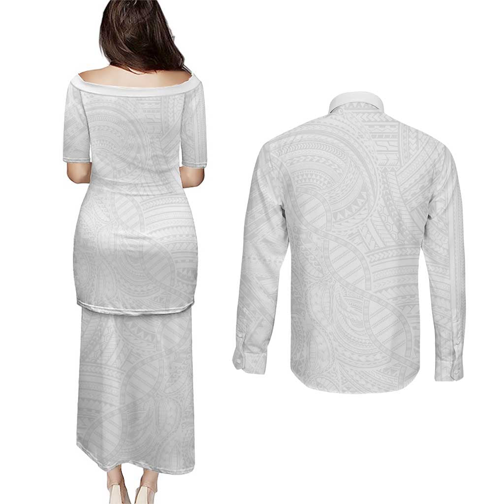 Samoan DNA Art Tattoo Couples Matching Puletasi and Long Sleeve Button Shirt Polynesian Pattern All White LT03 - Polynesian Pride