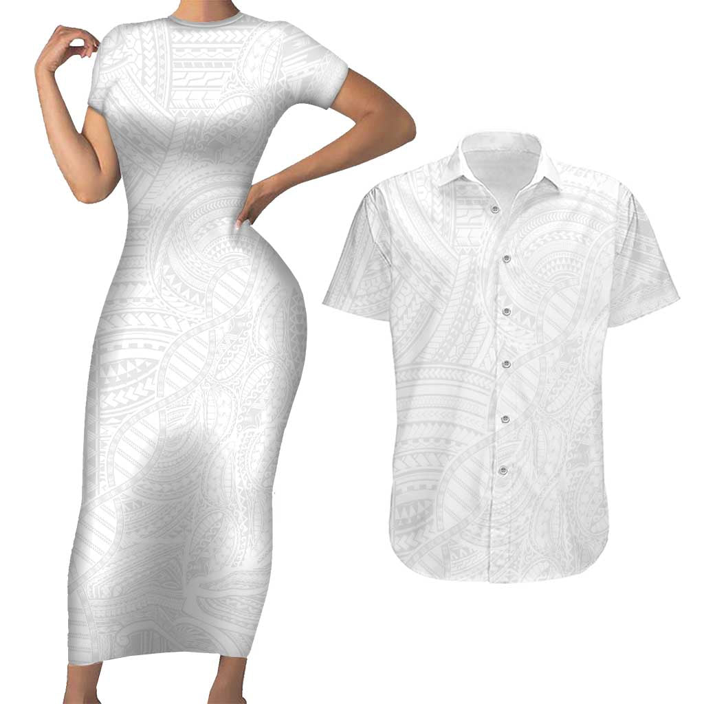 Samoan DNA Art Tattoo Couples Matching Short Sleeve Bodycon Dress and Hawaiian Shirt Polynesian Pattern All White LT03 White - Polynesian Pride
