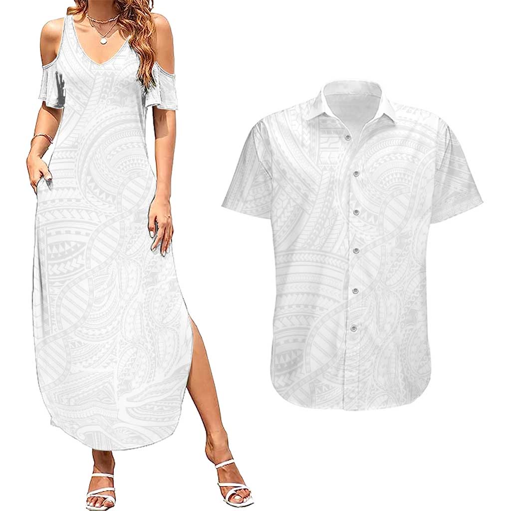 Samoan DNA Art Tattoo Couples Matching Summer Maxi Dress and Hawaiian Shirt Polynesian Pattern All White LT03 White - Polynesian Pride