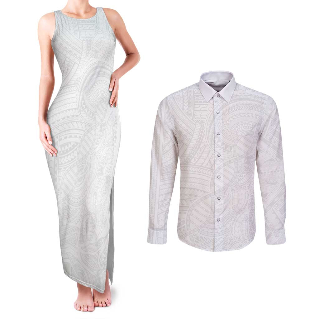 Samoan DNA Art Tattoo Couples Matching Tank Maxi Dress and Long Sleeve Button Shirt Polynesian Pattern All White LT03 White - Polynesian Pride