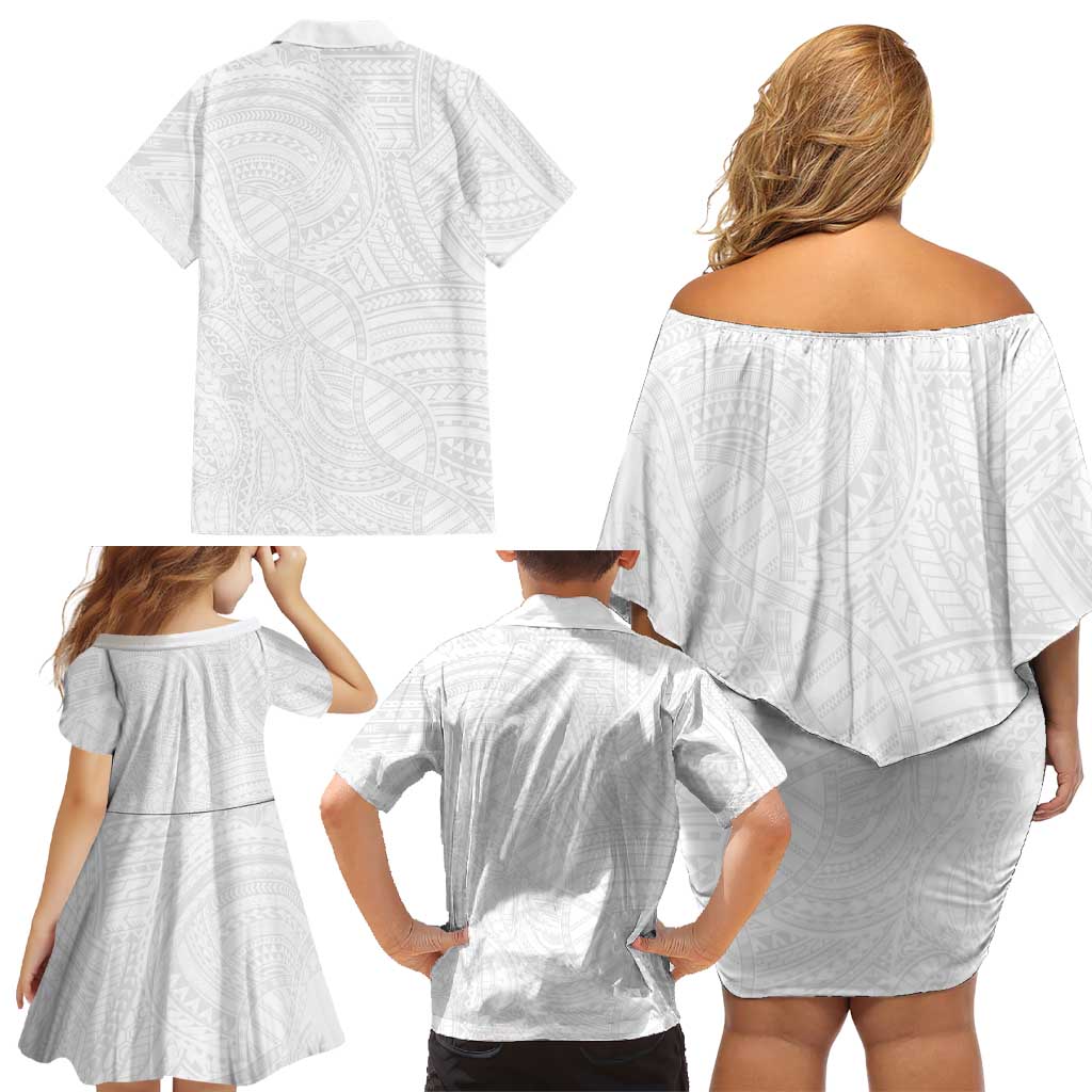 Samoan DNA Art Tattoo Family Matching Off Shoulder Short Dress and Hawaiian Shirt Polynesian Pattern All White LT03 - Polynesian Pride