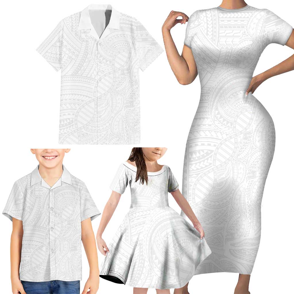 Samoan DNA Art Tattoo Family Matching Short Sleeve Bodycon Dress and Hawaiian Shirt Polynesian Pattern All White LT03 - Polynesian Pride