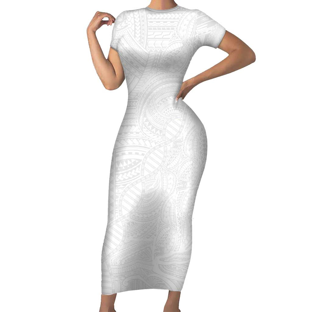 Samoan DNA Art Tattoo Family Matching Short Sleeve Bodycon Dress and Hawaiian Shirt Polynesian Pattern All White
