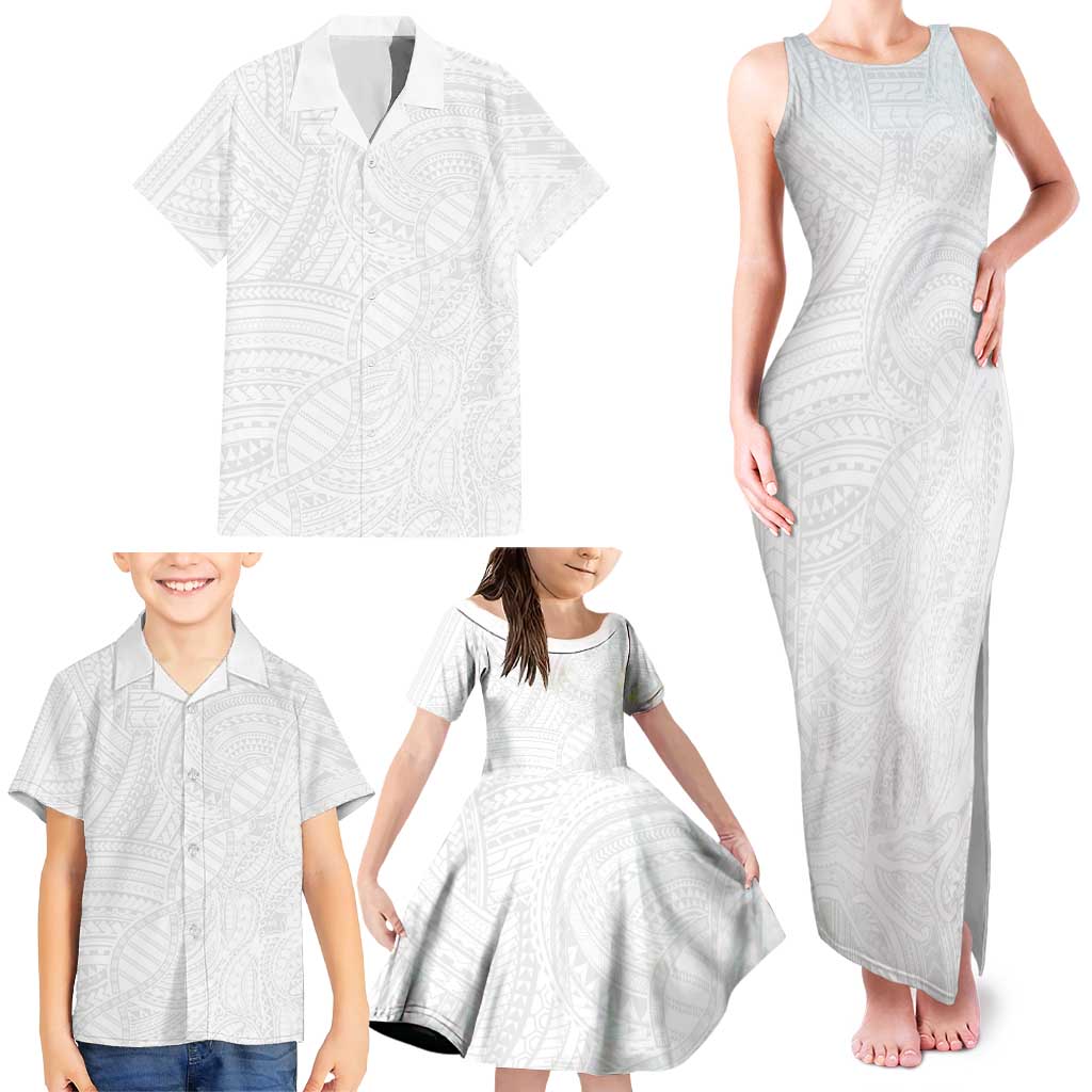 Samoan DNA Art Tattoo Family Matching Tank Maxi Dress and Hawaiian Shirt Polynesian Pattern All White