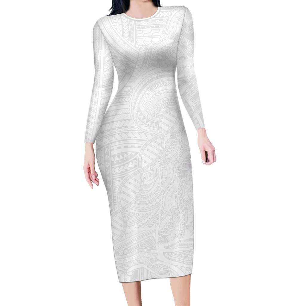 Samoan DNA Art Tattoo Long Sleeve Bodycon Dress Polynesian Pattern All White