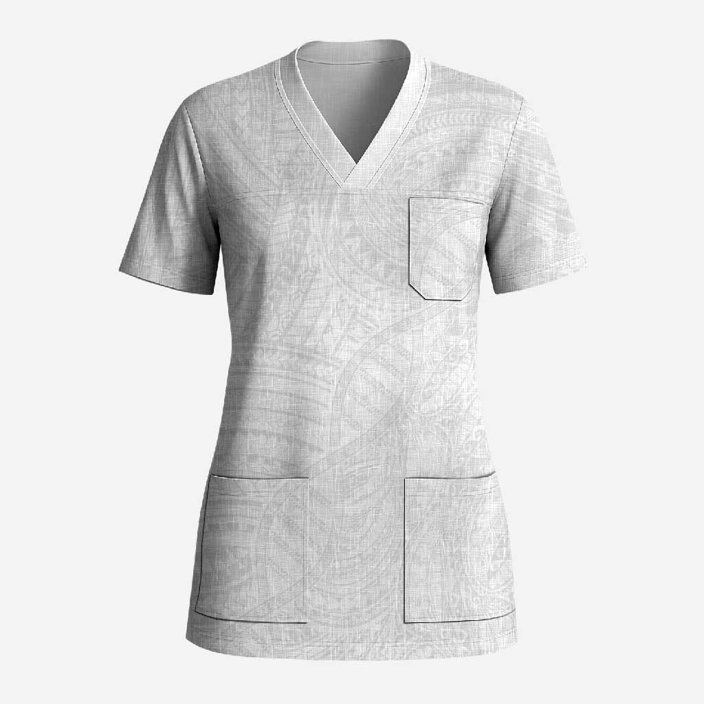 Samoan DNA Art Tattoo Scrub Top Polynesian Pattern All White LT03 Adult White - Polynesian Pride