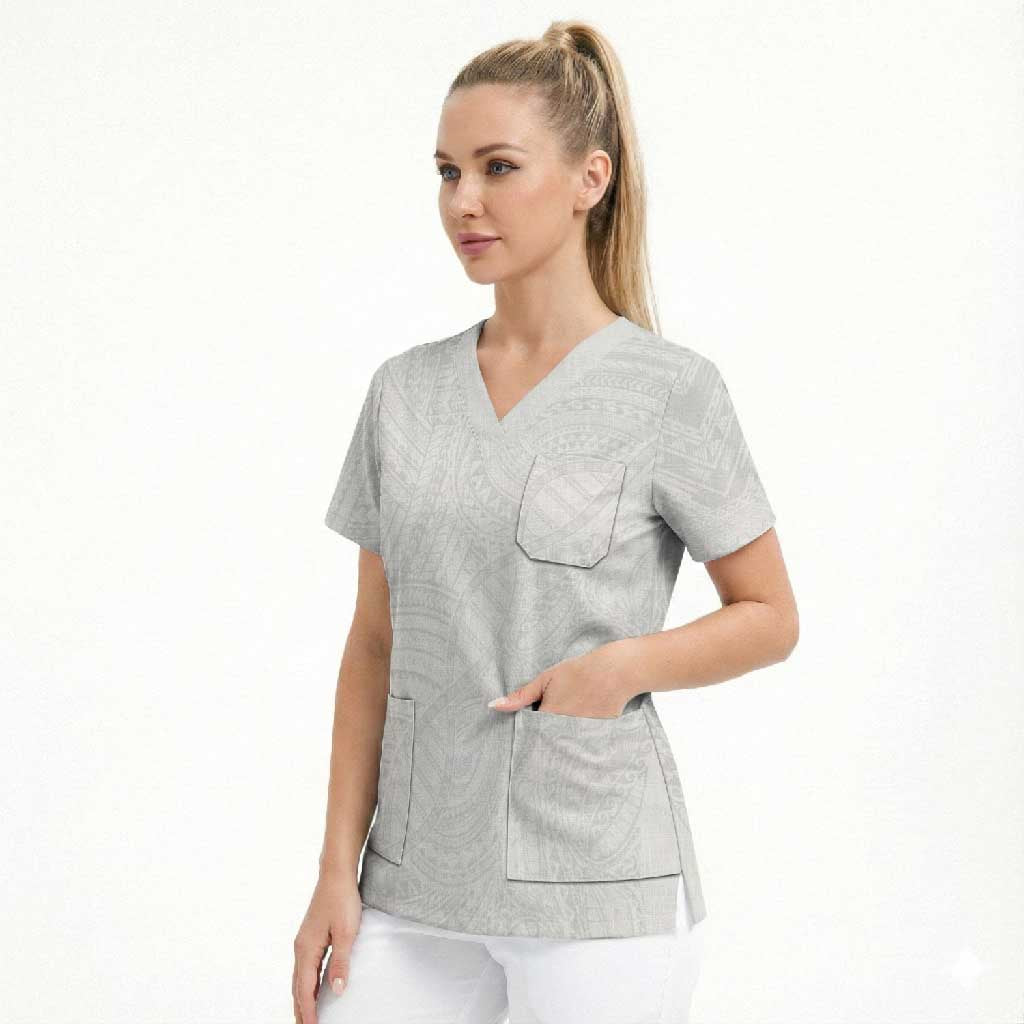 Samoan DNA Art Tattoo Scrub Top Polynesian Pattern All White LT03 - Polynesian Pride