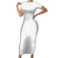 Samoan DNA Art Tattoo Short Sleeve Bodycon Dress Polynesian Pattern All White LT03 Long Dress White - Polynesian Pride