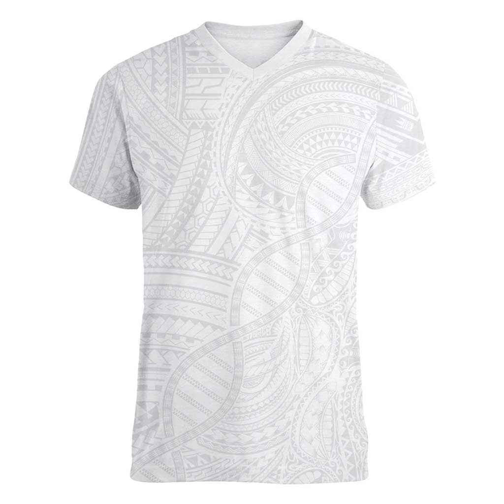 Samoan DNA Art Tattoo Women V-Neck T-Shirt Polynesian Pattern All White LT03 Female White - Polynesian Pride
