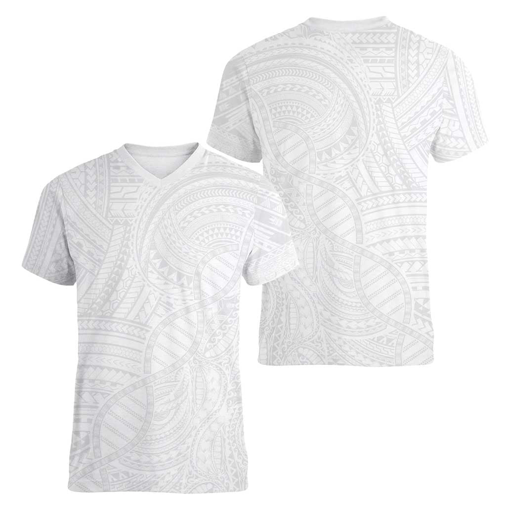 Samoan DNA Art Tattoo Women V-Neck T-Shirt Polynesian Pattern All White LT03 - Polynesian Pride