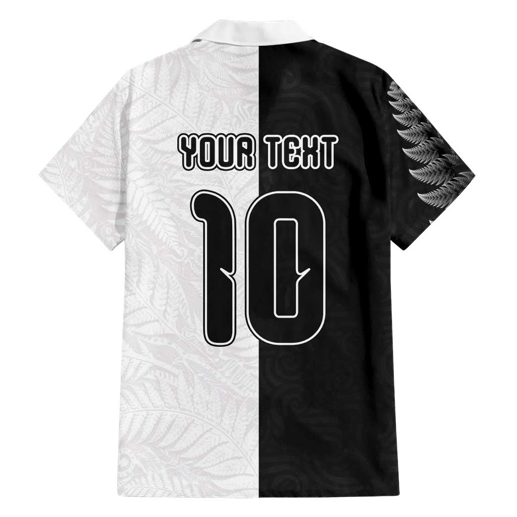 Custom New Zealand Football Hawaiian Shirt Silver Fern and Maori Tribal Black White Half Sporty Style