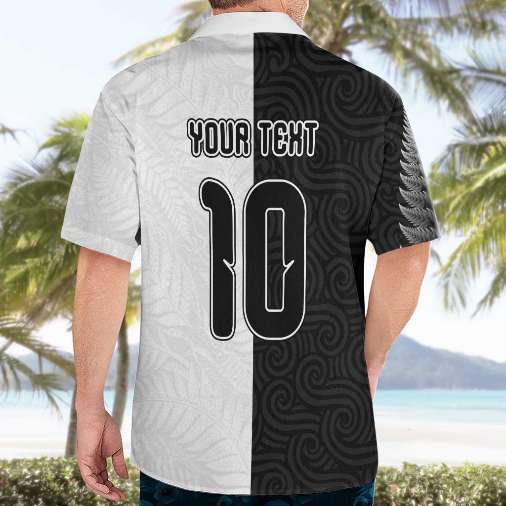 Custom New Zealand Football Hawaiian Shirt Silver Fern and Maori Tribal Black White Half Sporty Style