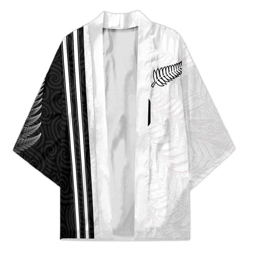 Custom New Zealand Football Kimono Silver Fern and Maori Tribal Black White Half Sporty Style