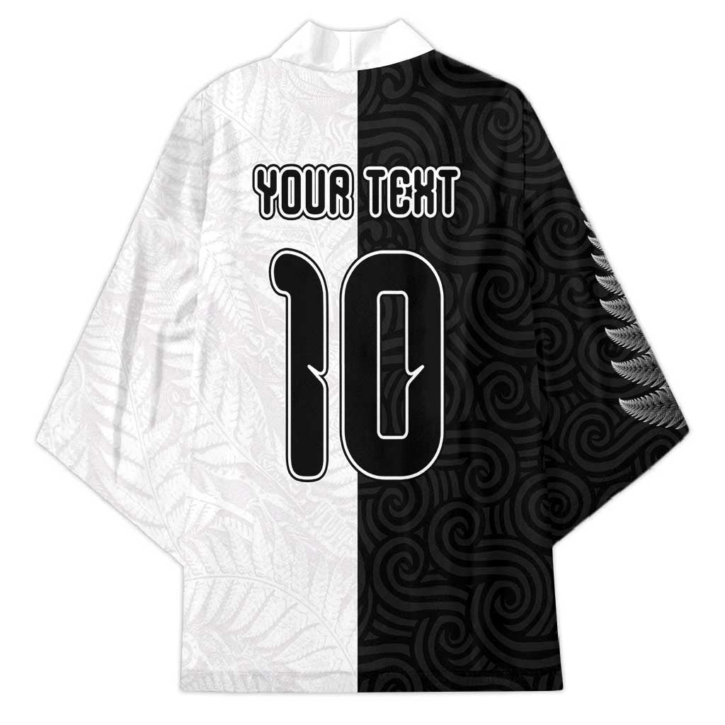 Custom New Zealand Football Kimono Silver Fern and Maori Tribal Black White Half Sporty Style