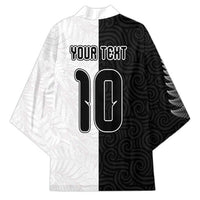 Custom New Zealand Football Kimono Silver Fern and Maori Tribal Black White Half Sporty Style
