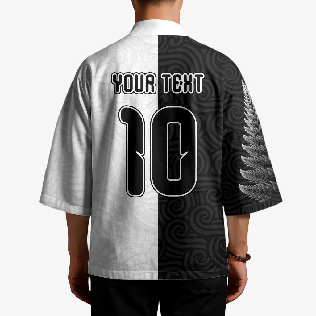Custom New Zealand Football Kimono Silver Fern and Maori Tribal Black White Half Sporty Style