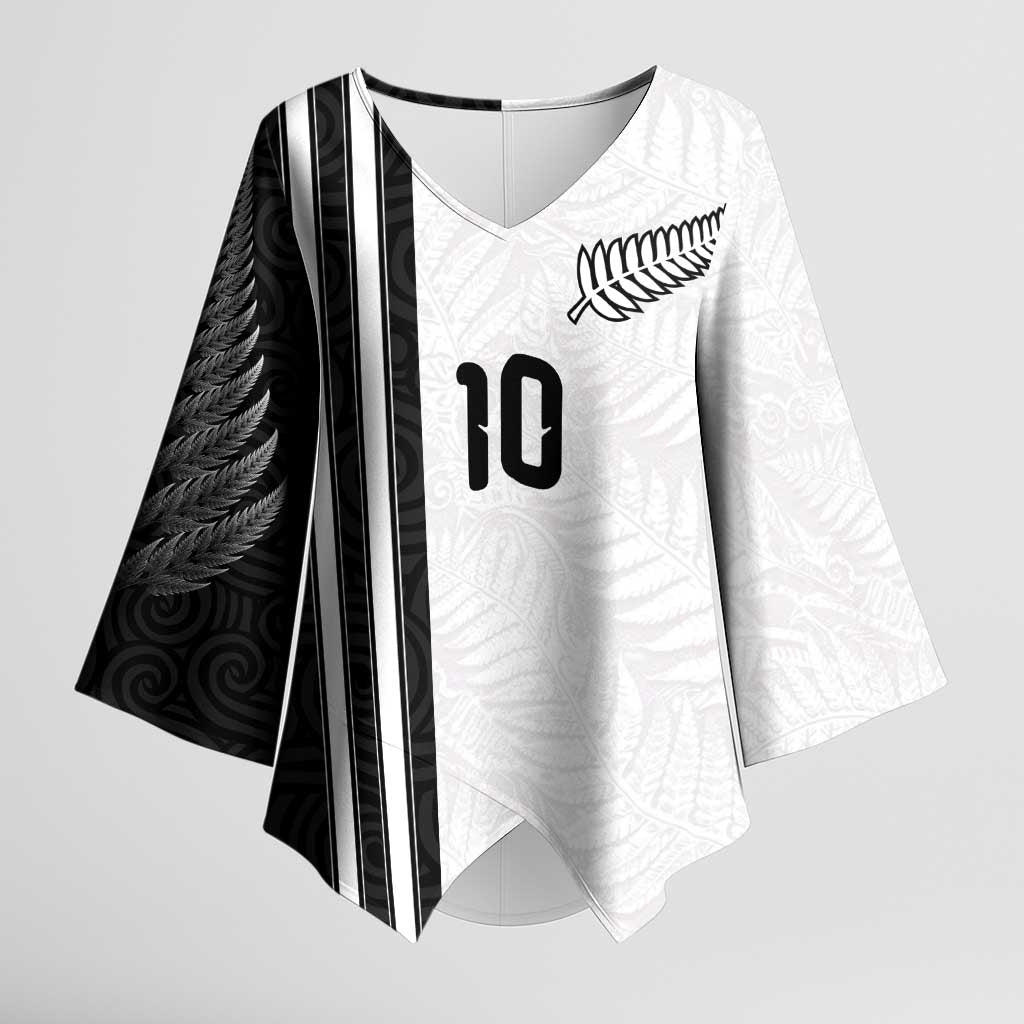 Custom New Zealand Football Kimono Sleeve Blouse Silver Fern and Maori Tribal Black White Half Sporty Style