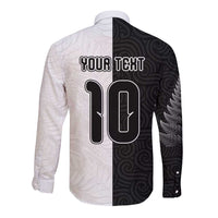 Custom New Zealand Football Long Sleeve Button Shirt Silver Fern and Maori Tribal Black White Half Sporty Style