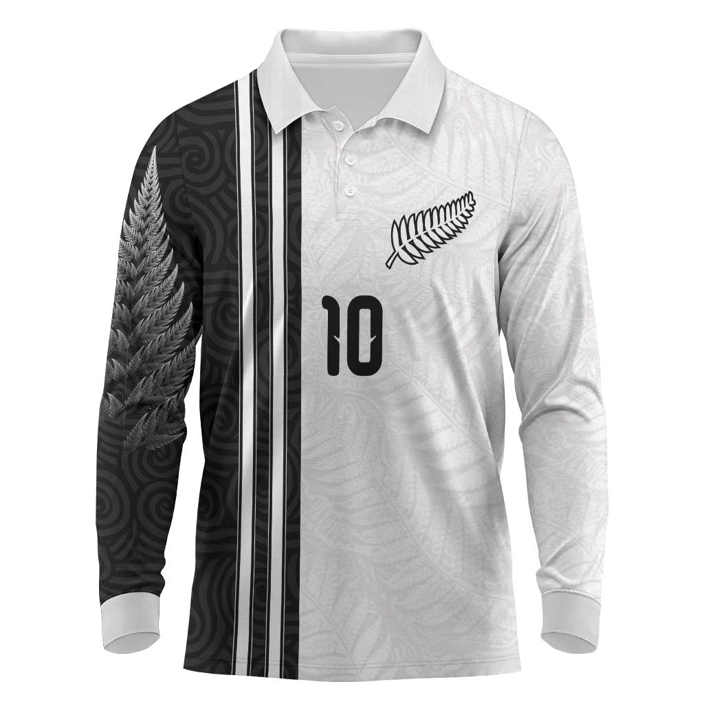 Custom New Zealand Football Long Sleeve Polo Shirt Silver Fern and Maori Tribal Black White Half Sporty Style