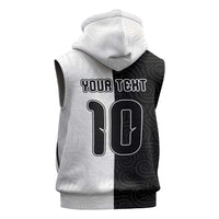 Custom New Zealand Football Sleeveless Hoodie Silver Fern and Maori Tribal Black White Half Sporty Style