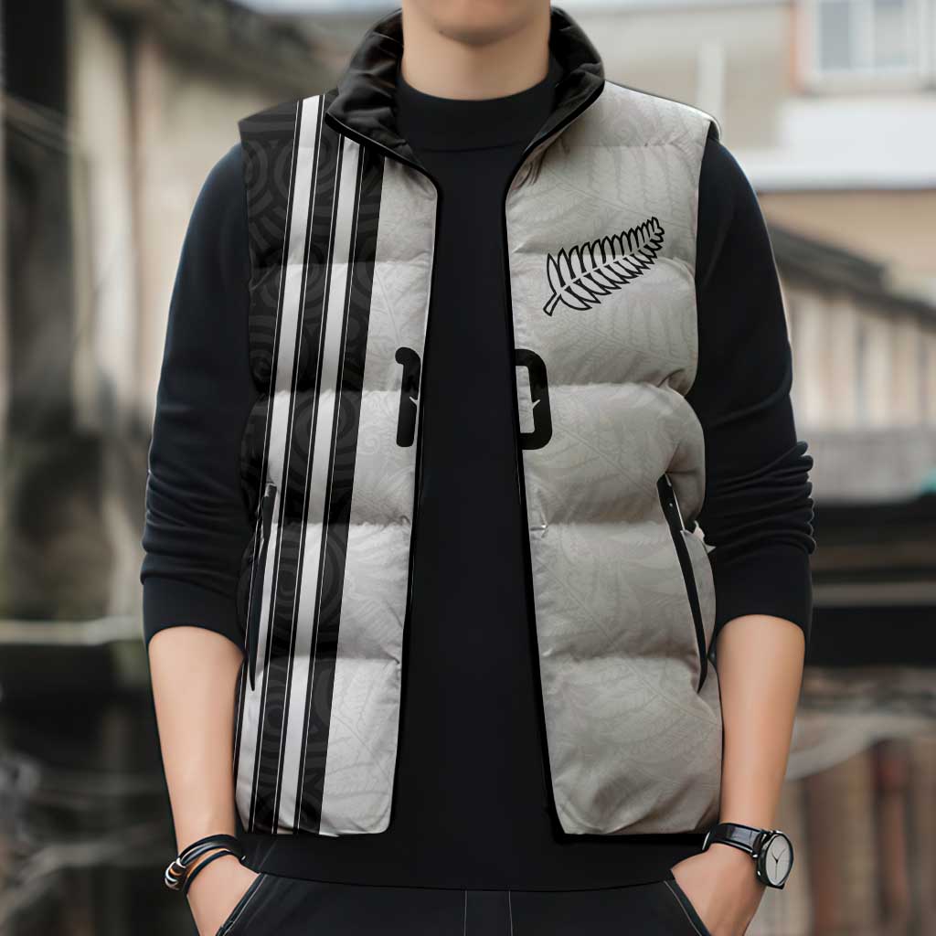 Custom New Zealand Football Sleeveless Puffer Jacket Silver Fern and Maori Tribal Black White Half Sporty Style