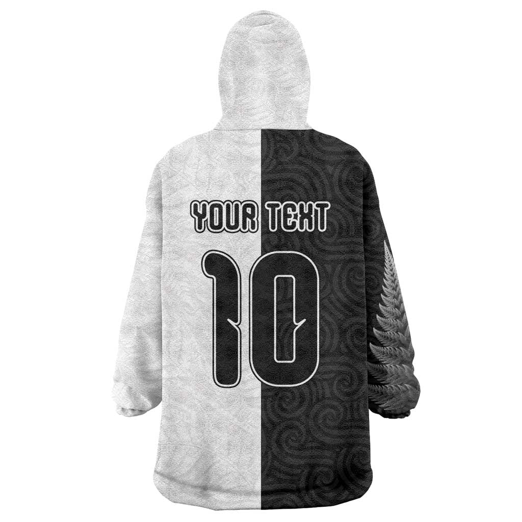 Custom New Zealand Football Wearable Blanket Hoodie Silver Fern and Maori Tribal Black White Half Sporty Style