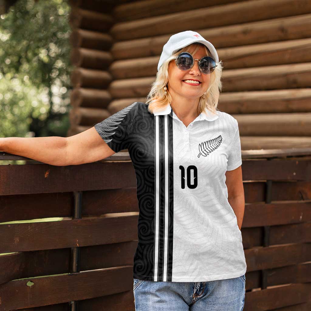 Custom New Zealand Football Women Polo Shirt Silver Fern and Maori Tribal Black White Half Sporty Style