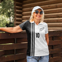 Custom New Zealand Football Women Polo Shirt Silver Fern and Maori Tribal Black White Half Sporty Style
