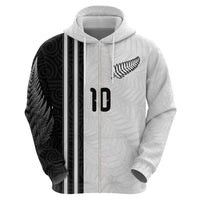 Custom New Zealand Football Zip Hoodie Silver Fern and Maori Tribal Black White Half Sporty Style