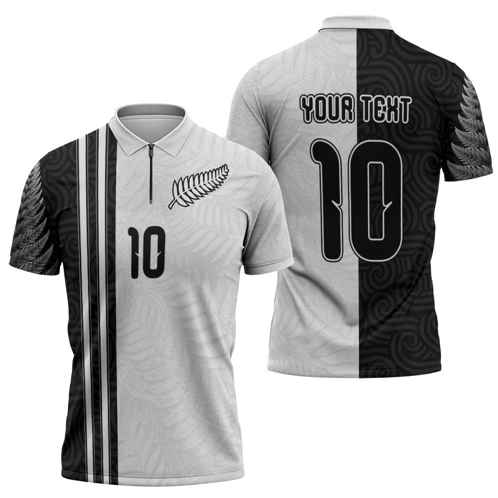 Custom New Zealand Football Zipper Polo Shirt Silver Fern and Maori Tribal Black White Half Sporty Style