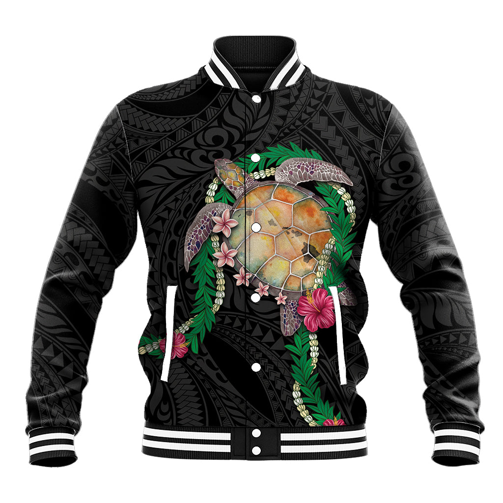 Hawaii Pikake and Maile Lei Baseball Jacket Honu Polynesian Pattern Black Color LT03 Unisex Black - Polynesian Pride