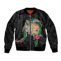 Hawaii Pikake and Maile Lei Bomber Jacket Honu Polynesian Pattern Black Color LT03 Unisex Black - Polynesian Pride