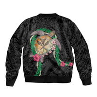 Hawaii Pikake and Maile Lei Bomber Jacket Honu Polynesian Pattern Black Color LT03 - Polynesian Pride