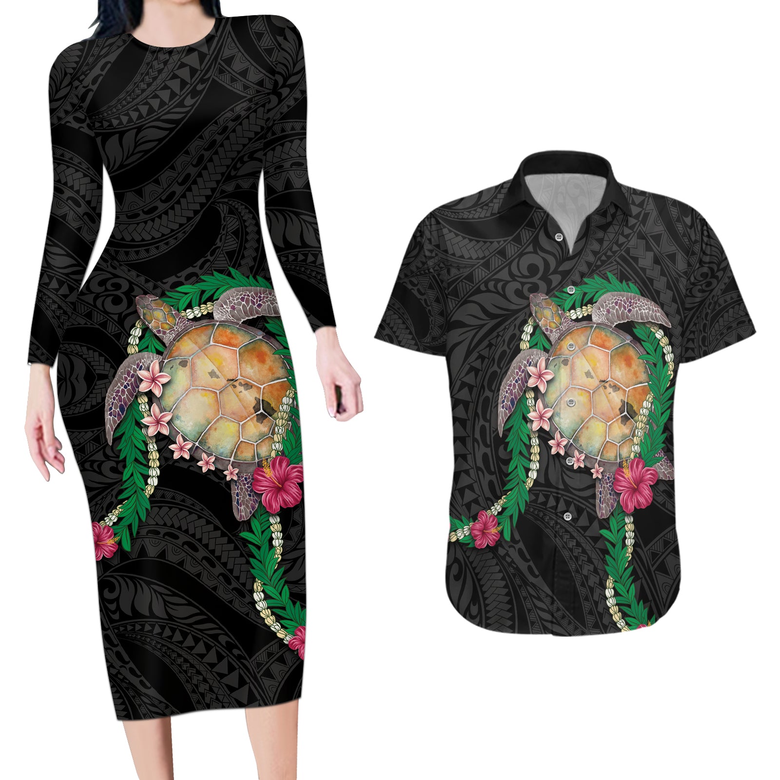 Hawaii Pikake and Maile Lei Couples Matching Long Sleeve Bodycon Dress and Hawaiian Shirt Honu Polynesian Pattern Black Color LT03 Black - Polynesian Pride