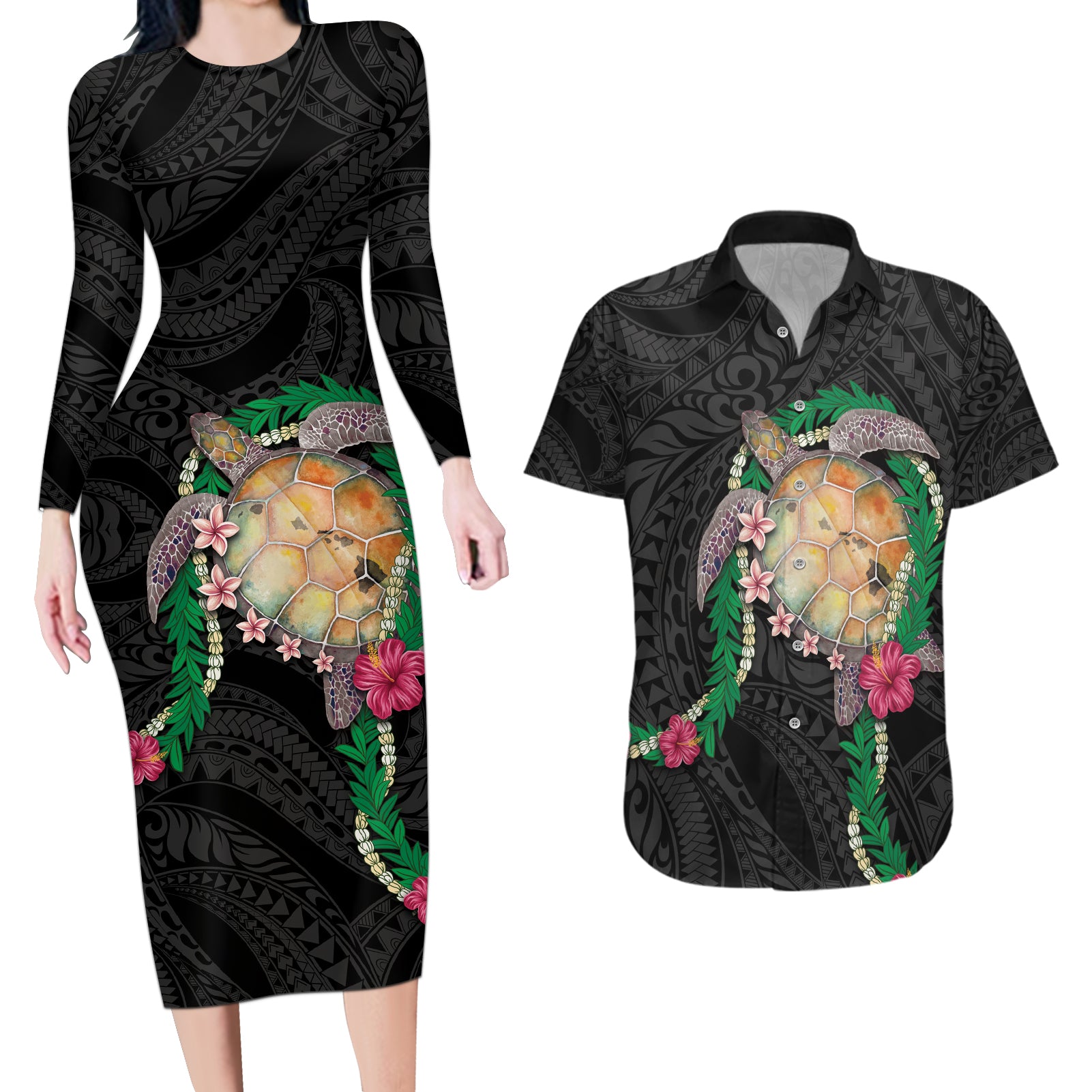 Hawaii Pikake and Maile Lei Couples Matching Long Sleeve Bodycon Dress and Hawaiian Shirt Honu Polynesian Pattern Black Color