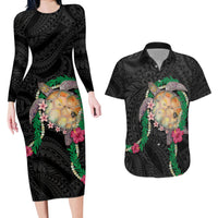 Hawaii Pikake and Maile Lei Couples Matching Long Sleeve Bodycon Dress and Hawaiian Shirt Honu Polynesian Pattern Black Color LT03 Black - Polynesian Pride
